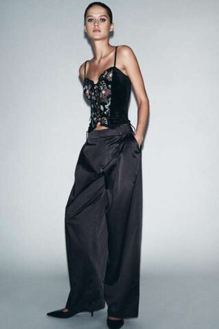 ZARA БАРХАТНЫЙ КОРСЕТ С ВЫШИВКОЙ, ЧЕРНЫЙ