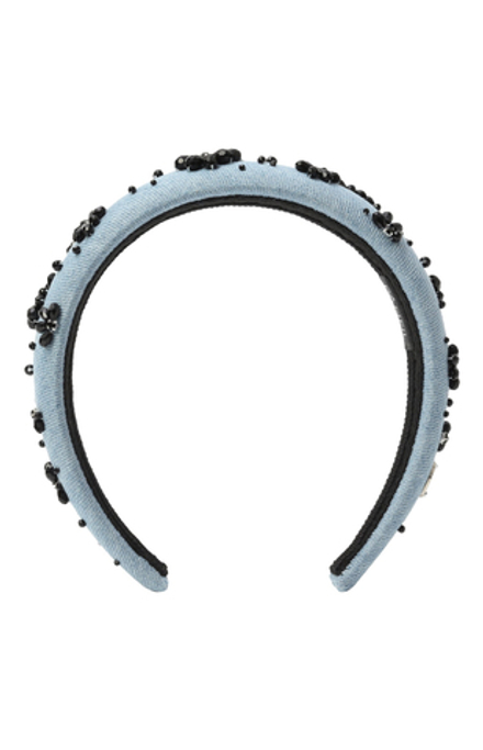 Ободок объемный из светлой джинсы с черными цветами