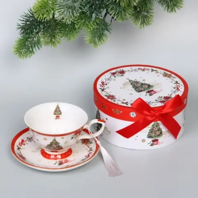 Чайная пара керамическая «Ёлочка» (кружка 220мл+блюдце) в подарочной коробке