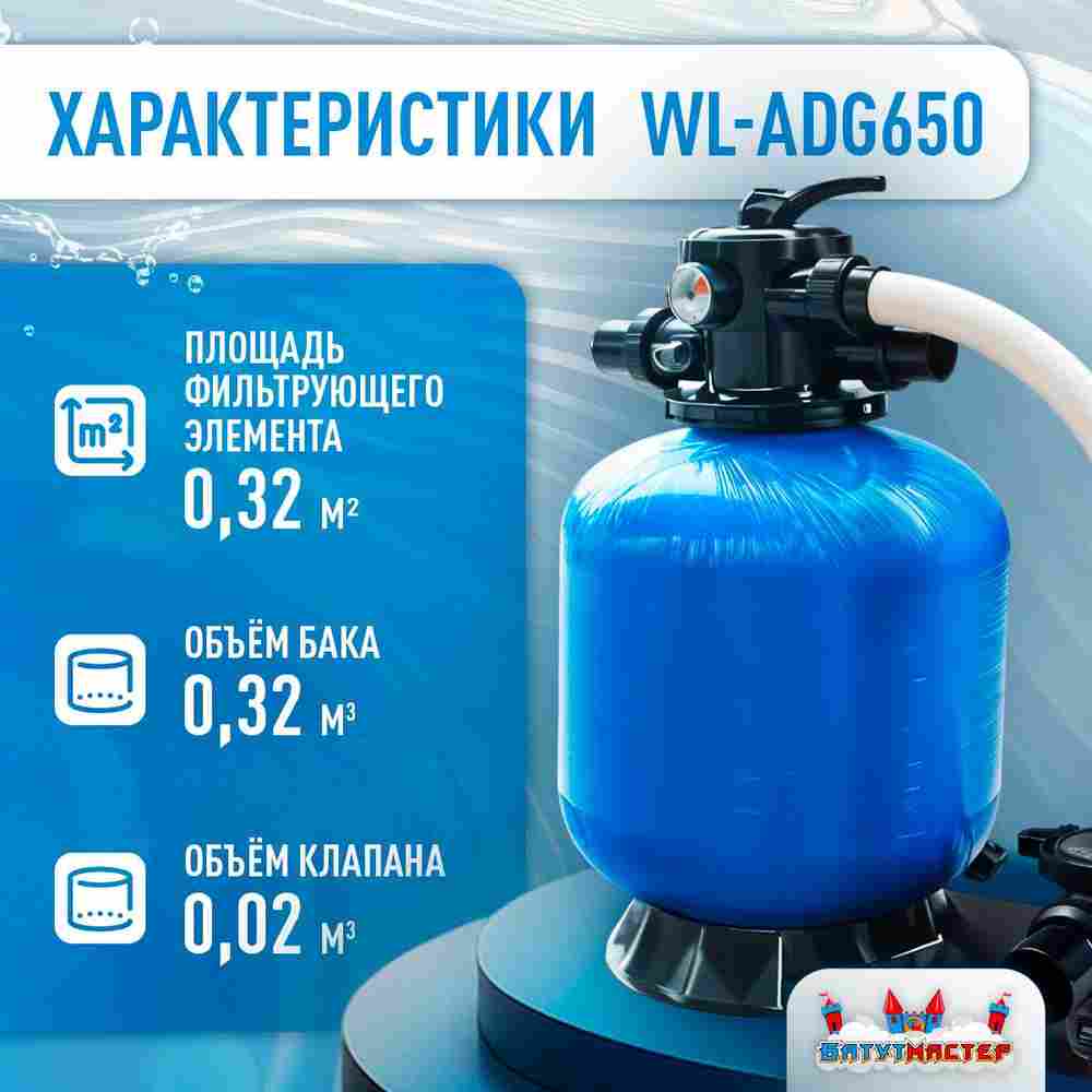 Песочный фильтр WL-ADG650 для бассейна до 128 м³, до 160 кг песка, до 16000 л/ч