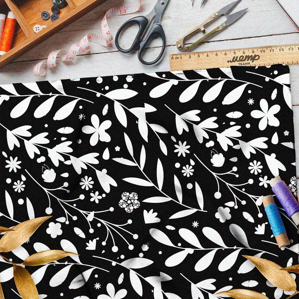 Ткань таффета белая трава на чёрном фоне