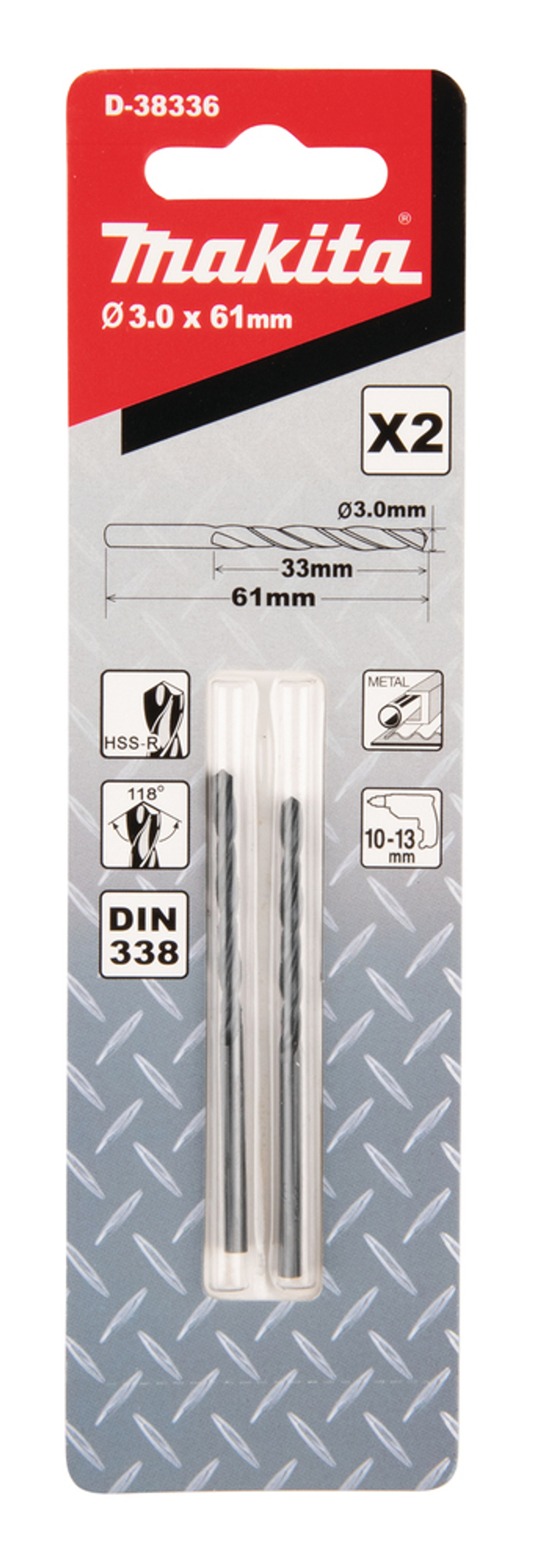 Сверло по металлу HSS-R 3х33x61, 2 шт. Makita D-38336 Металл HSS-R 3,0 x 33 х 61 мм 118 град 2 шт.