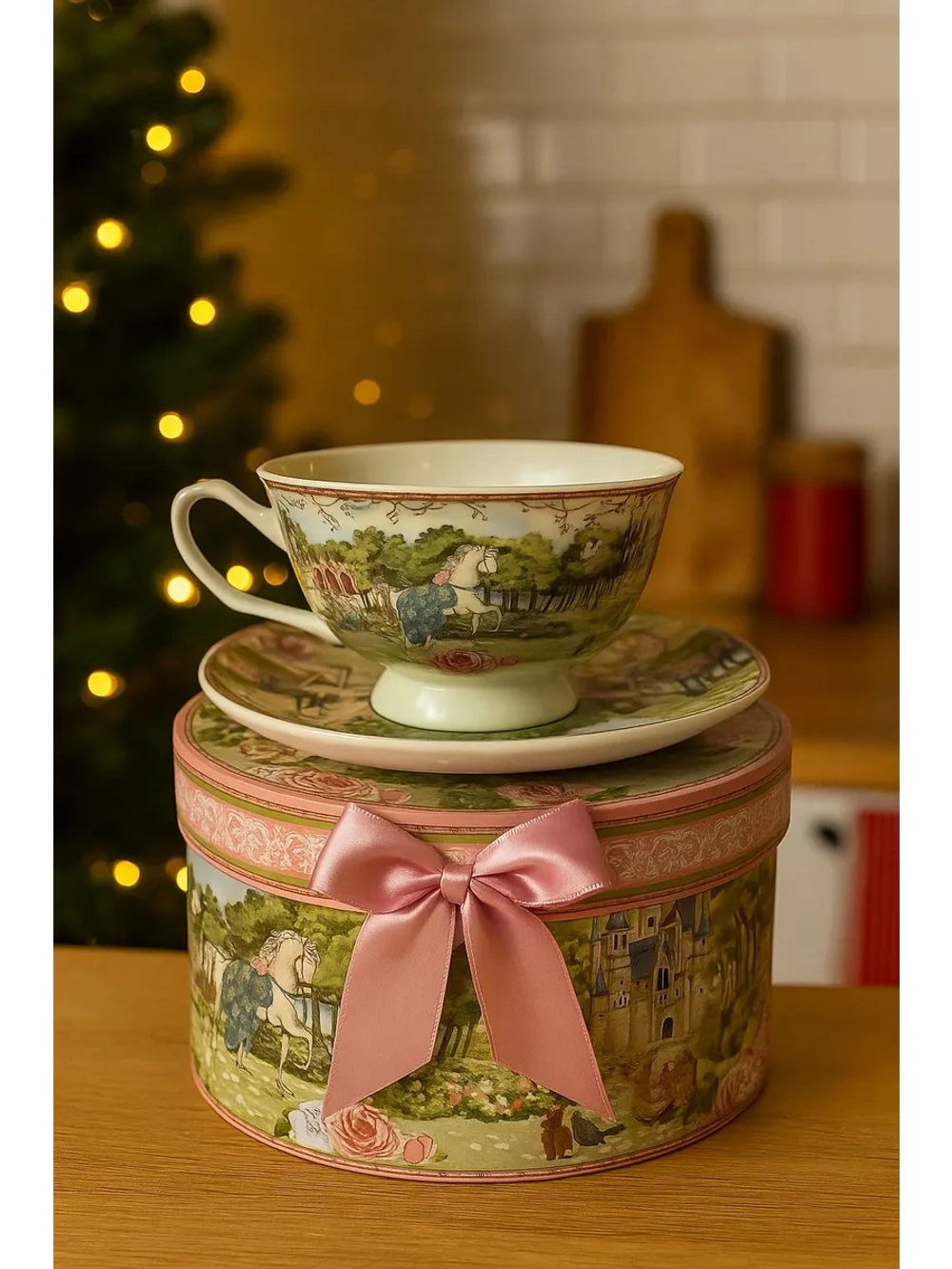 Новогодний чашка и блюдца с изображением лошади