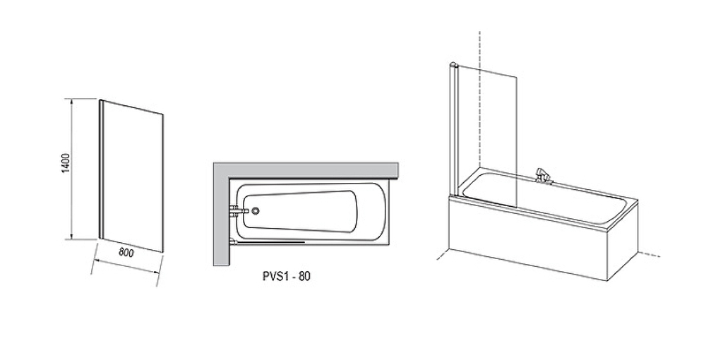 Шторка на ванну Ravak Pivot PVS1-80 79840300Z1 профиль Черный стекло Transparent