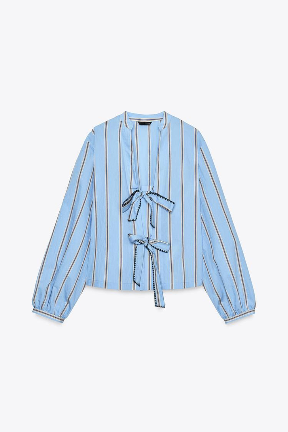 ZARA РУБАШКА ИЗ ПОПЛИНА В ПОЛОСКУ С ЗАВЯЗКАМИ, ПЕСОЧНЫЙ/СИНИЙ