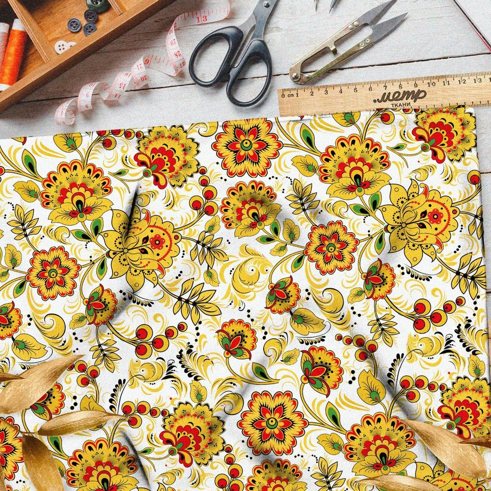 Ткань шифон белая хохлома