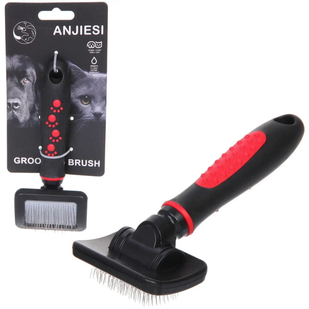 Расческа - пуходерка для животных «ПРОФФ - МОЙ БРО», прорезиненная ручка, цвет красный/черный, 7*16,5см (лейбл)