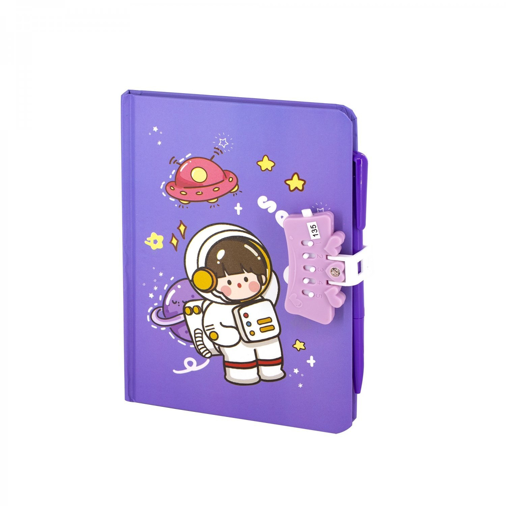 Блокнот 13,5 см * 19,5 см , 7БЦ, Alingar, мат. ламинация, код. замочек, ручка, 80л., диз. внутр. блок, линия, "Приключения в космосе"