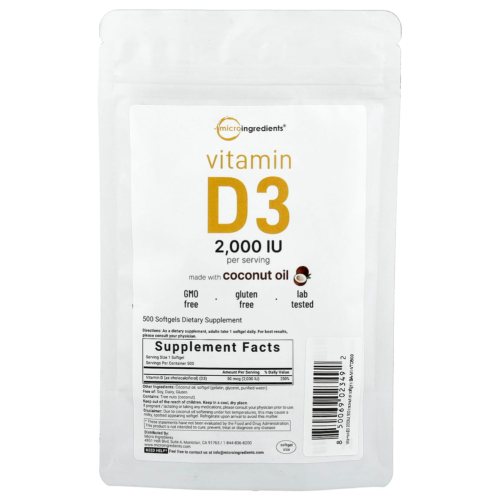 Micro Ingredients, витамин D3, 2000 МЕ, 500 мягких таблеток