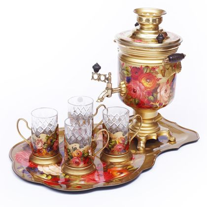 Zhostovo samovar, hand forged tray and 4 tea glass holders in gift box – set of 4 tea glass holders SET01D1911914834