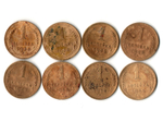 Набор из 8 монет 1 копейка 1936, 38, 45, 48, 49, 51, 54, 55 гг. Ранний СССР