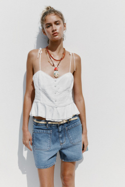 ZARA РОМАНТИЧНЫЙ ТОП ИЗО ЛЬНА С ЗАЩИПАМИ, БЕЛЫЙ