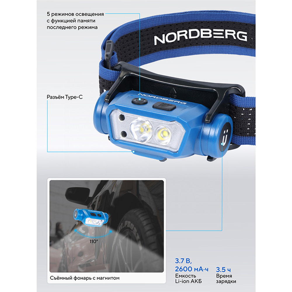 NORDBERG (1953) Фонарь светодиодный налобный, аккумуляторный, 3,7 В c датчиком движения