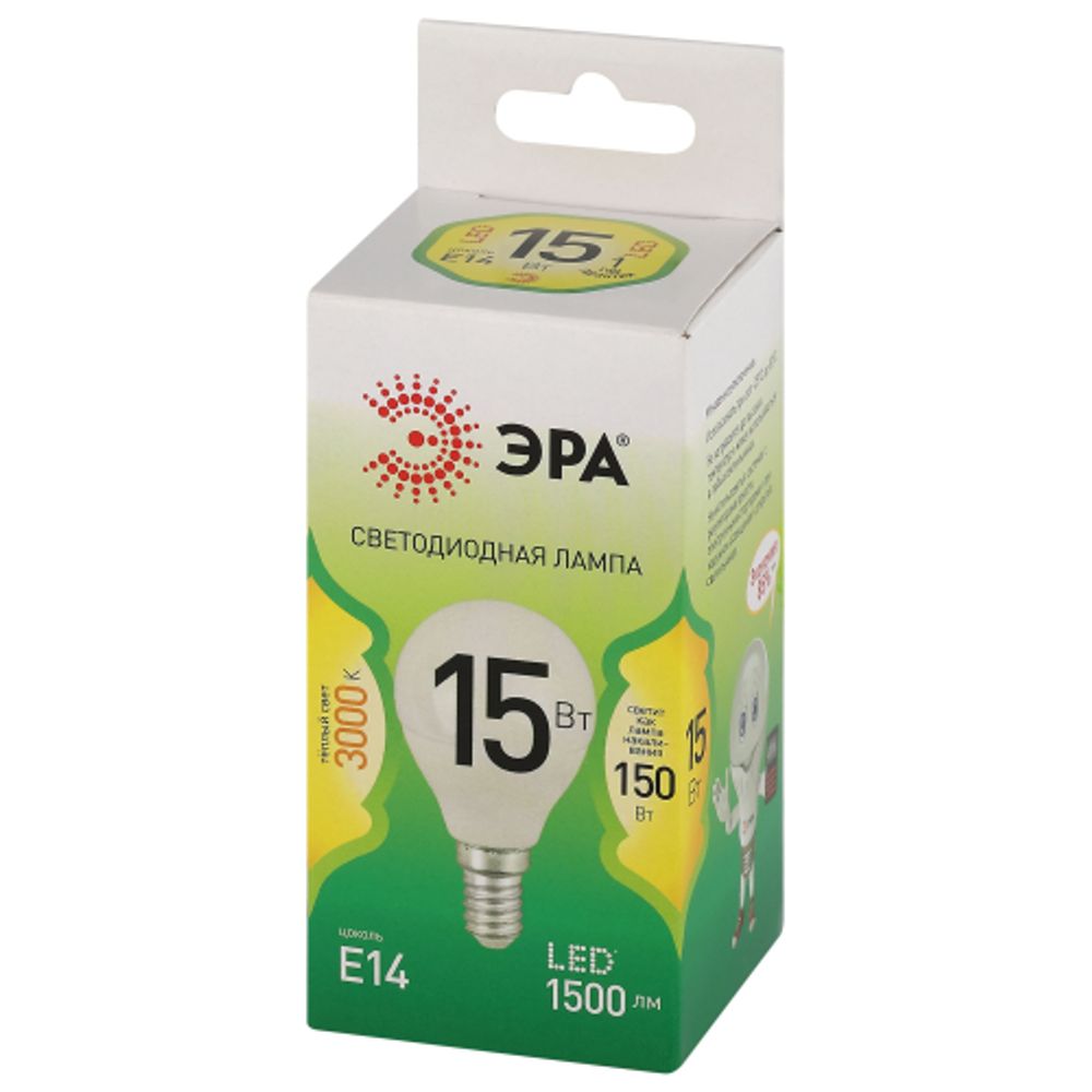 Лампа светодиодная ЭРА GREEN LINE LED P45-15W-830-E14 GL E14 15 Вт шар теплый свет | Лампы cветодиодные Шар (G/P)