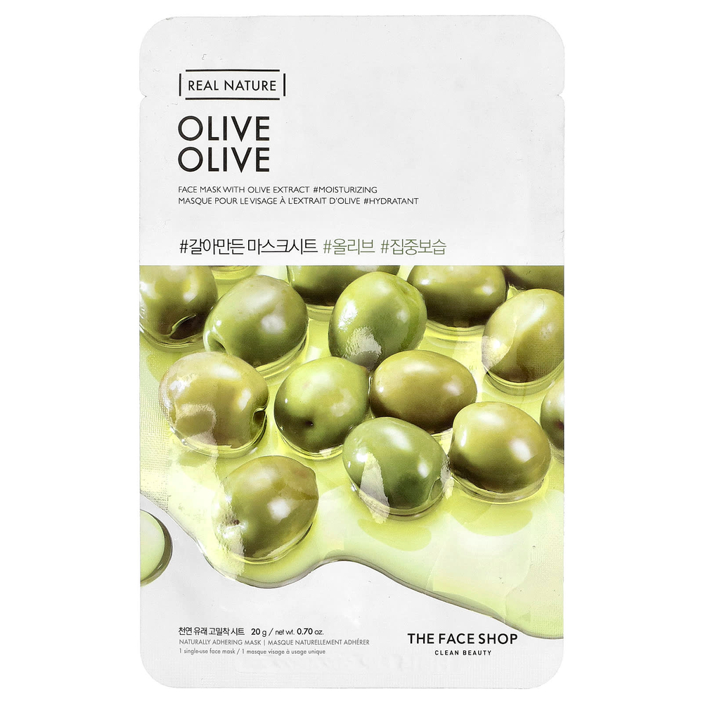The Face Shop, Real Nature, маска для лица, оливковый вкус, 1 шт., 20 г (0,70 унции)