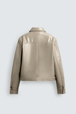 ZARA КУРТКА-РУБАШКА С ЭФФЕКТОМ ВИНИЛА, СВЕТЛЫЙ ХАКИ