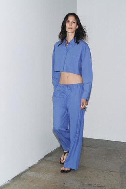 ZARA БРЮКИ В ПИЖАМНОМ СТИЛЕ ИЗ ПОПЛИНА, ИНДИГО