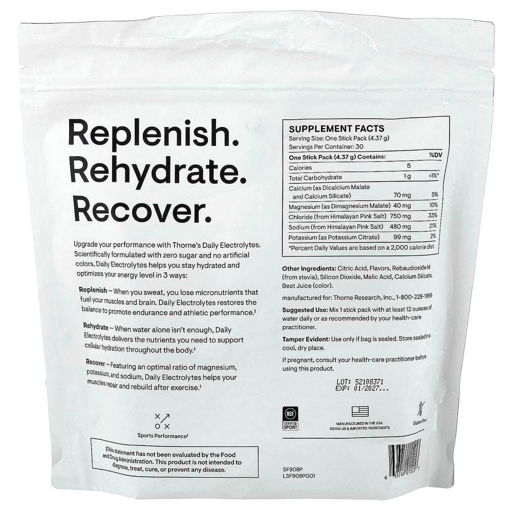 Thorne, ежедневные электролиты, со вкусом арбуза, 30 пакетиков по 4,37 г (0,15 унции)