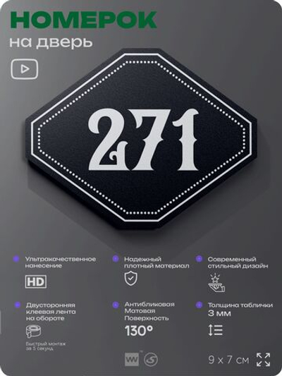 Номерок на дверь квартиры 271, для кабинета, офиса, шильдик 9 х 7 см, черный, Айдентика Технолоджи