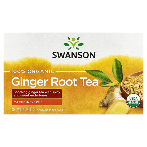 Swanson, 100% органический чай из корня имбиря, без кофеина, 20 чайных пакетиков, 40 г (1,4 унции)
