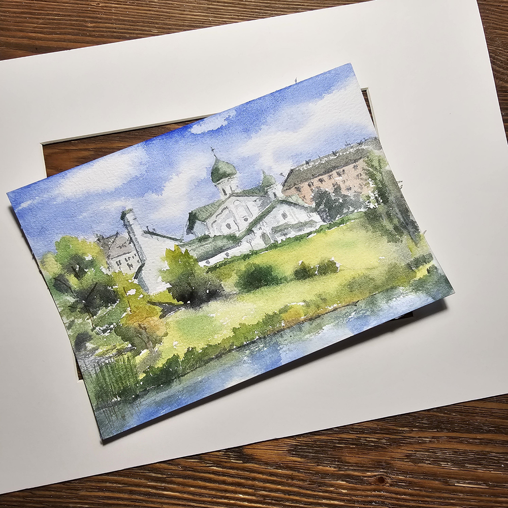 Картина авторская акварельная в паспарту 21х30 см на стену для интерьера "Богоявленская церковь Пскова"