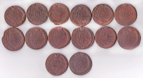Полный набор 5 копеек Екатерина II 1763-1796 (34 монеты)