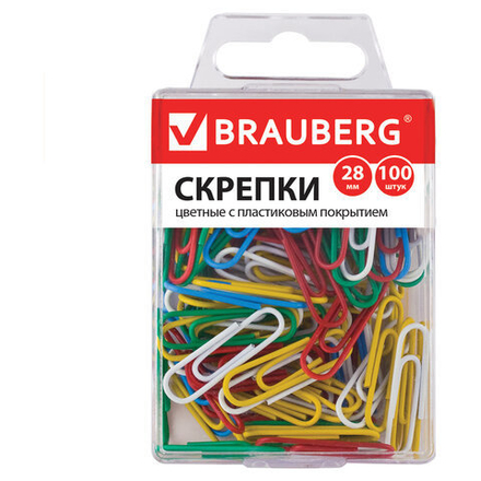 Скрепки BRAUBERG, 28 мм, цветные, 100 шт., в пластиковой коробке, 221111