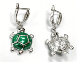 Ювелирные серьги из серебра 925 пробы с эмалью"Черепаха"