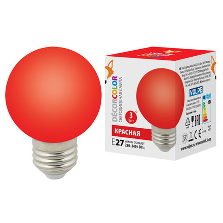 LED-G60-3W-RED-E27-FR-С Лампа декоративная светодиодная. Форма шар. матовая. Цвет красный. Картон. ТМ Volpe.