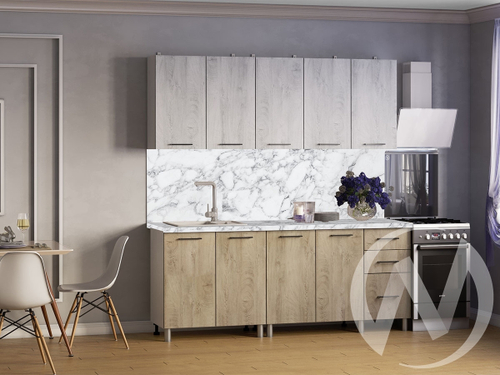Кухня Одри 2.0м (корпус белый/дуб остин серый; дуб остин бежевый) 38мм мрамор итальянский