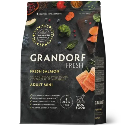 Grandorf Fresh, Fresh Salmon & Adult Mini для собак мелких пород (Свежее филе лосося с бататом)