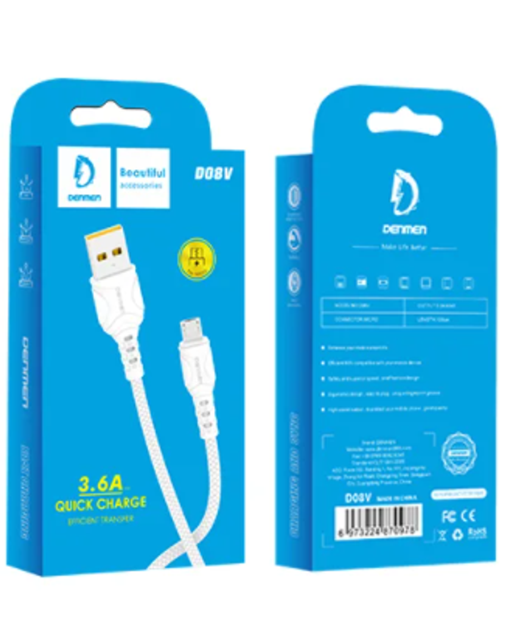 Кабель DENMEN D08V USB-microUSB 3.6A 1м PVC White