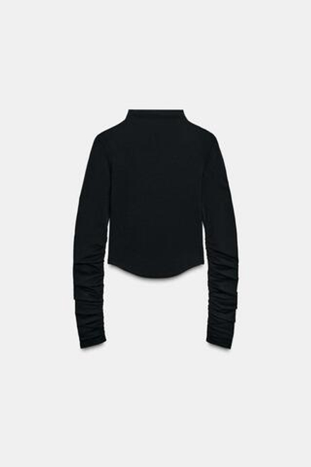ZARA ФУТБОЛКА ИЗ ХЛОПКА И МОДАЛА СО СБОРКАМИ, ЧЕРНЫЙ