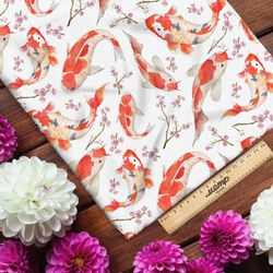 Ткань шифон японские карпы с веточками цветов