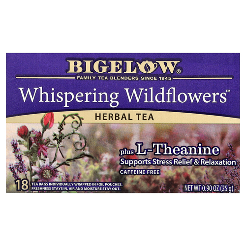 Bigelow, Whispering Wildflowers™, травяной чай с L-теанином, без кофеина, 18 чайных пакетиков, 25 г (0,9 унции)