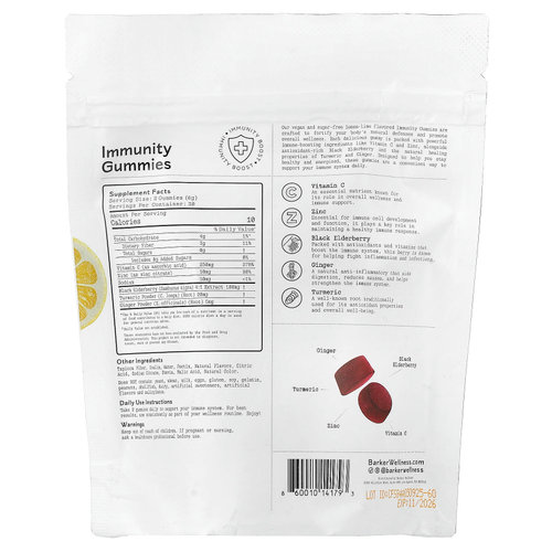 Barker Wellness Co, жевательные таблетки для поддержки иммунитета, со вкусом лимона и лайма, 60 жевательных таблеток