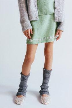 ZARA ТРИКОТАЖНАЯ ЮБКА С БУСИНАМИ, СВЕТЛО-ЗЕЛЕНЫЙ