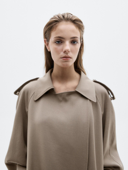 Massimo Dutti Длинное объемное пальто-тренч из 100% шерсти - Limited Edition, оливковый