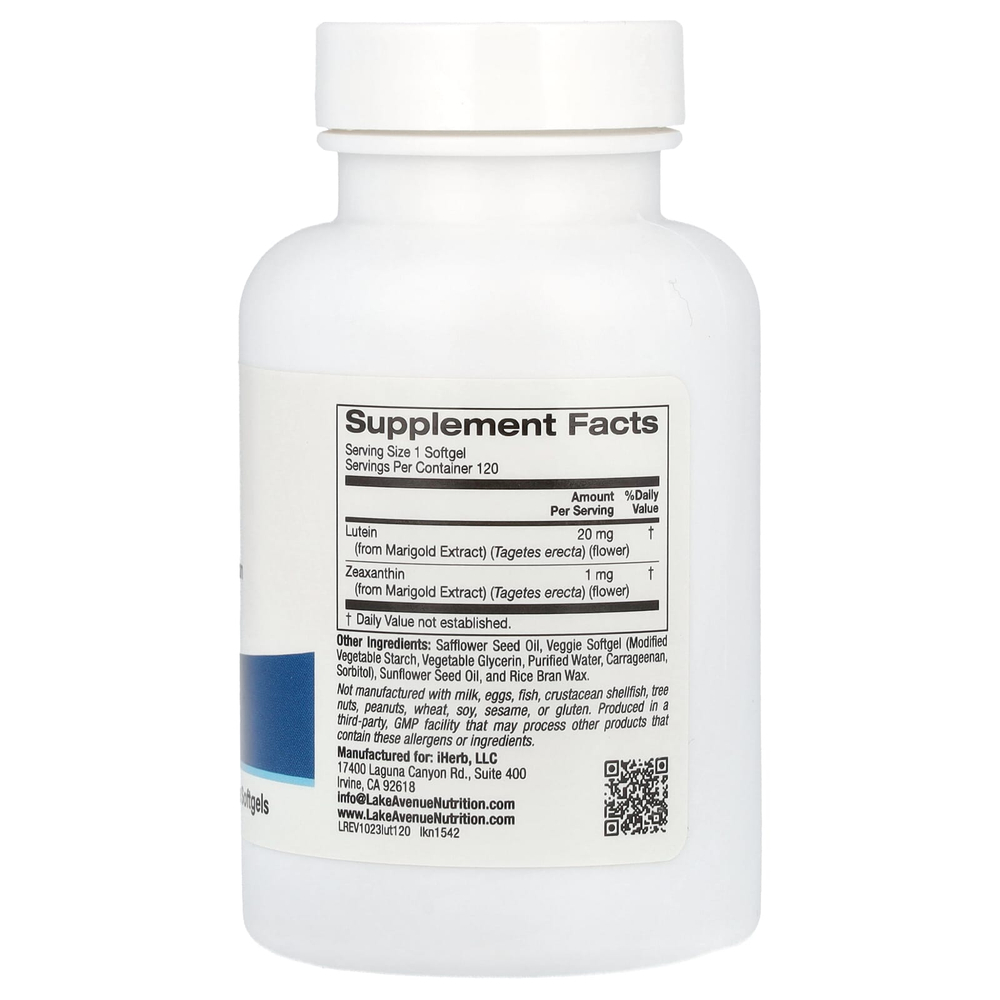 Lake Avenue Nutrition, лютеин, 20 мг, 120 растительных мягких таблеток