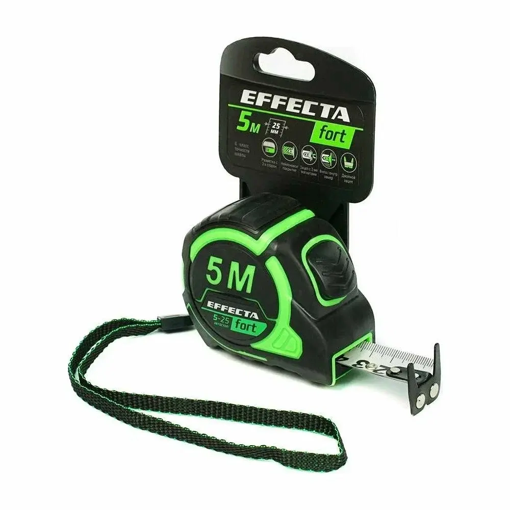 Рулетка Effecta Fort 5м/25 мм, магнит, автостоп, лента -2стор шкала- нейлон