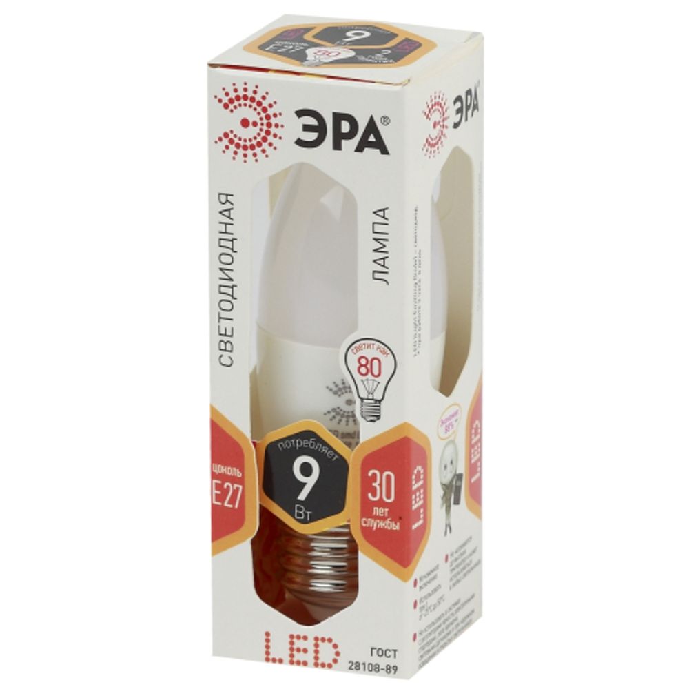 Лампа светодиодная ЭРА STD LED B35-9W-827-E27 9Вт свеча теплый белый свет Е27 | Лампы cветодиодные Свеча (B/C)