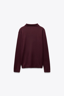 ZARA ОДНОТОННЫЙ ТРИКОТАЖНЫЙ ТОП С ВОРОТНИКОМ ПОЛО, ВИННЫЙ