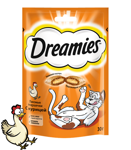 Лакомство Dreamies для кошек, лакомые подушечки с курицей, 30 г