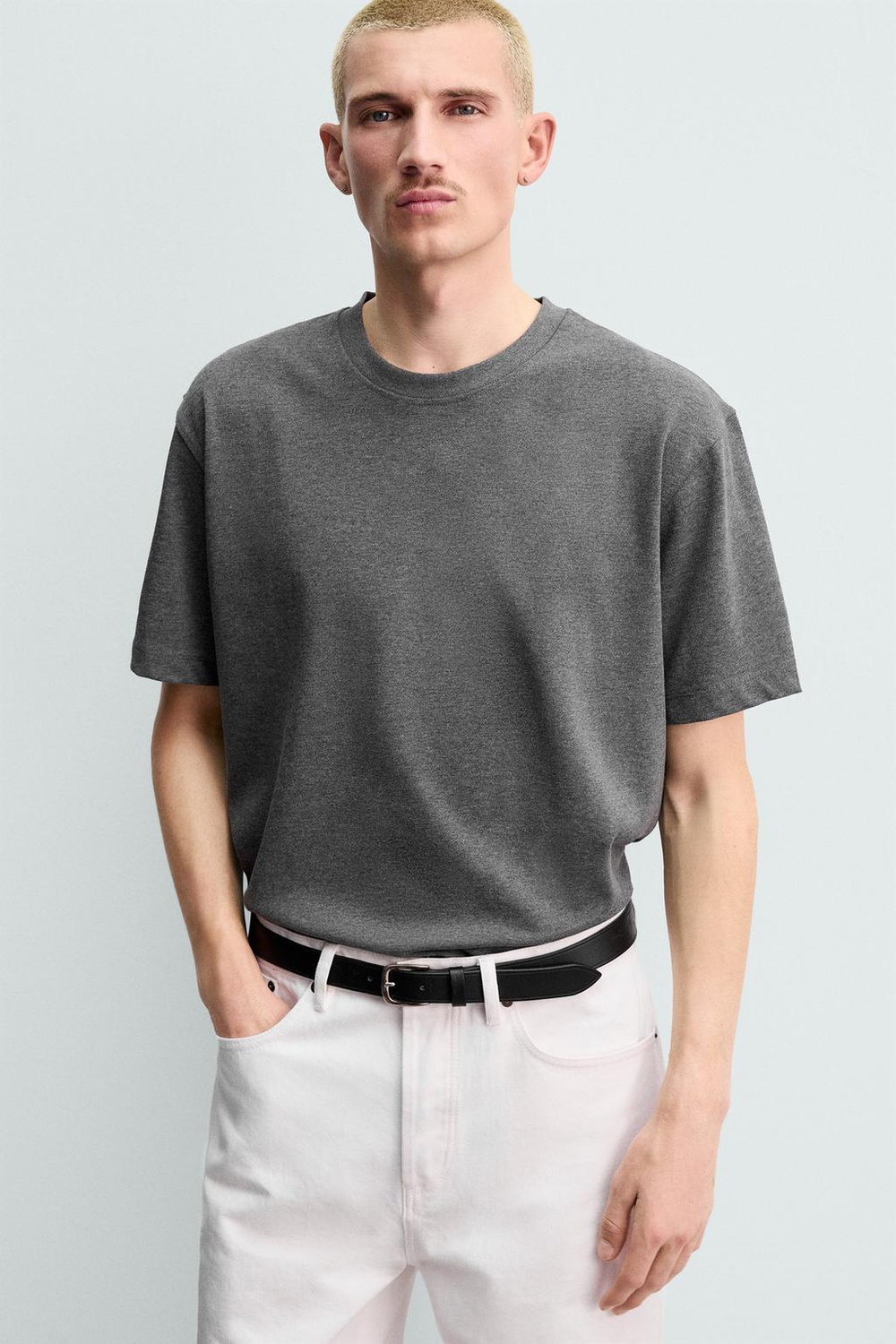 ZARA ХЛОПКОВАЯ ФУТБОЛКА С КОРОТКИМИ РУКАВАМИ, СЕРЫЙ МЕЛАНЖ