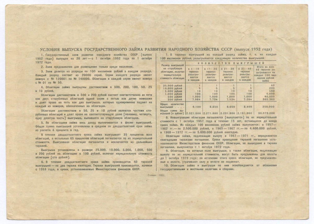 Облигация 50 рублей 1952 год. Серия № 122424. VF