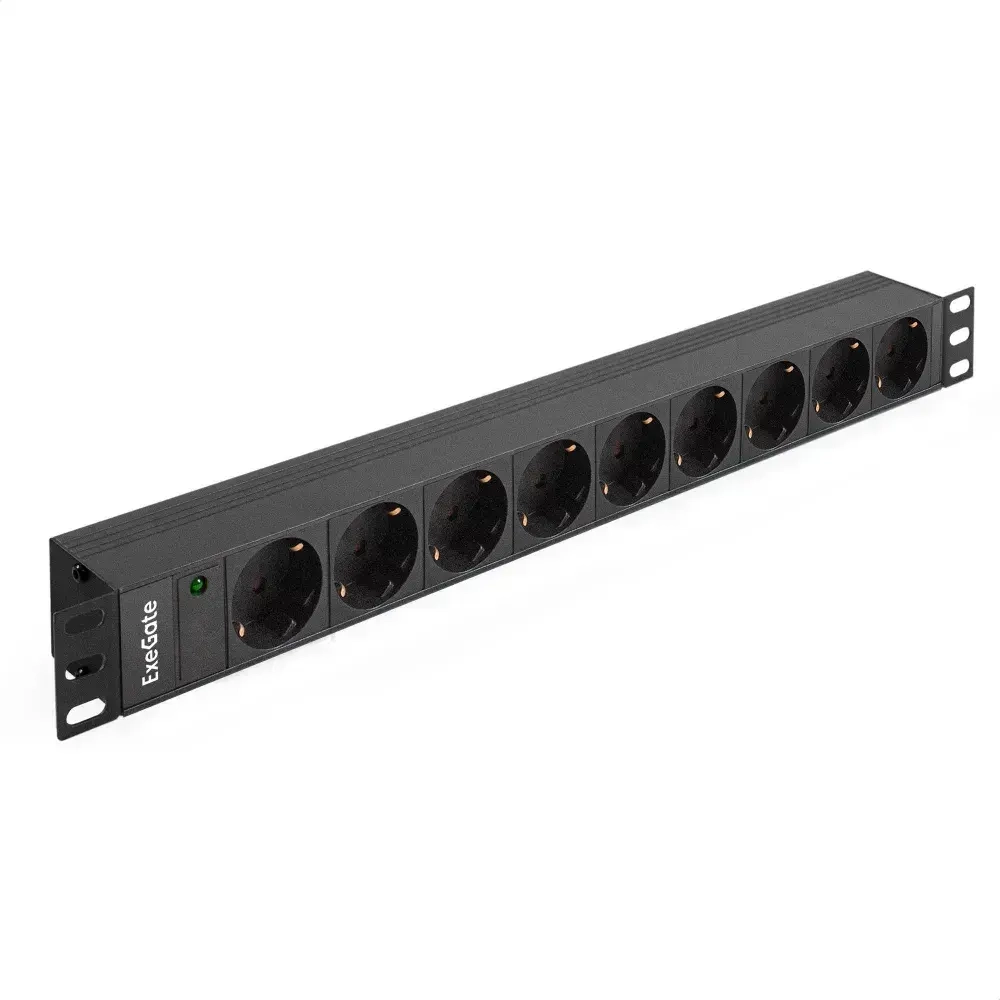 Блок розеток горизонтальный ExeGate ServerPro PDU-19H901 Al-9S-C14, 19", 1U, Алюминий, 9 Schuko, С14, черный