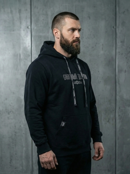 Толстовка с капюшоном и карманом кенгуру мужская LEGENDA Logo Сильный духом черная