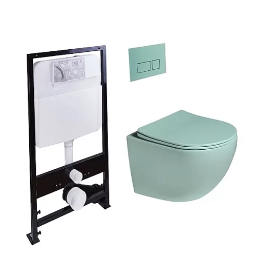 Унитаз подвесной с инсталляцией SantiLine SL-5005T-LG+SL-01/LG светло-зеленый матовый/кнопка светло-зеленая матовая, безободковый, с крышкой микролифт, слив торнадо