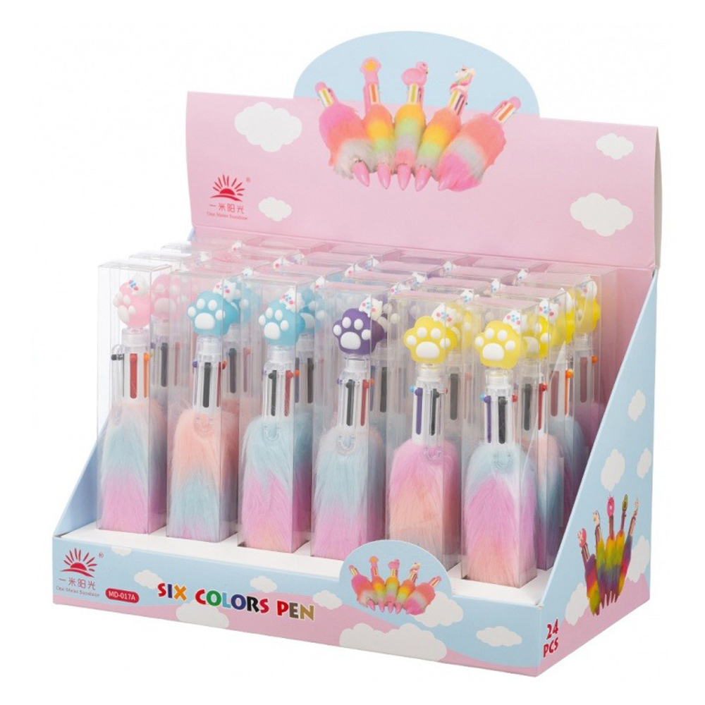 Ручка шариковая, автоматическая, 6в1, Basir, 6-ти цветная, серия "Лапки", с цветным мехом на корпусе, 24 шт