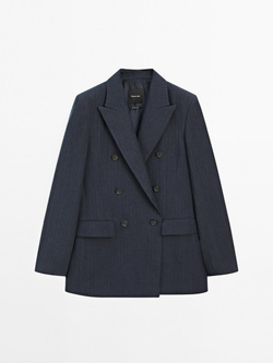 Massimo Dutti Блейзер из смесового льна в тонкую полоску, темно-синий
